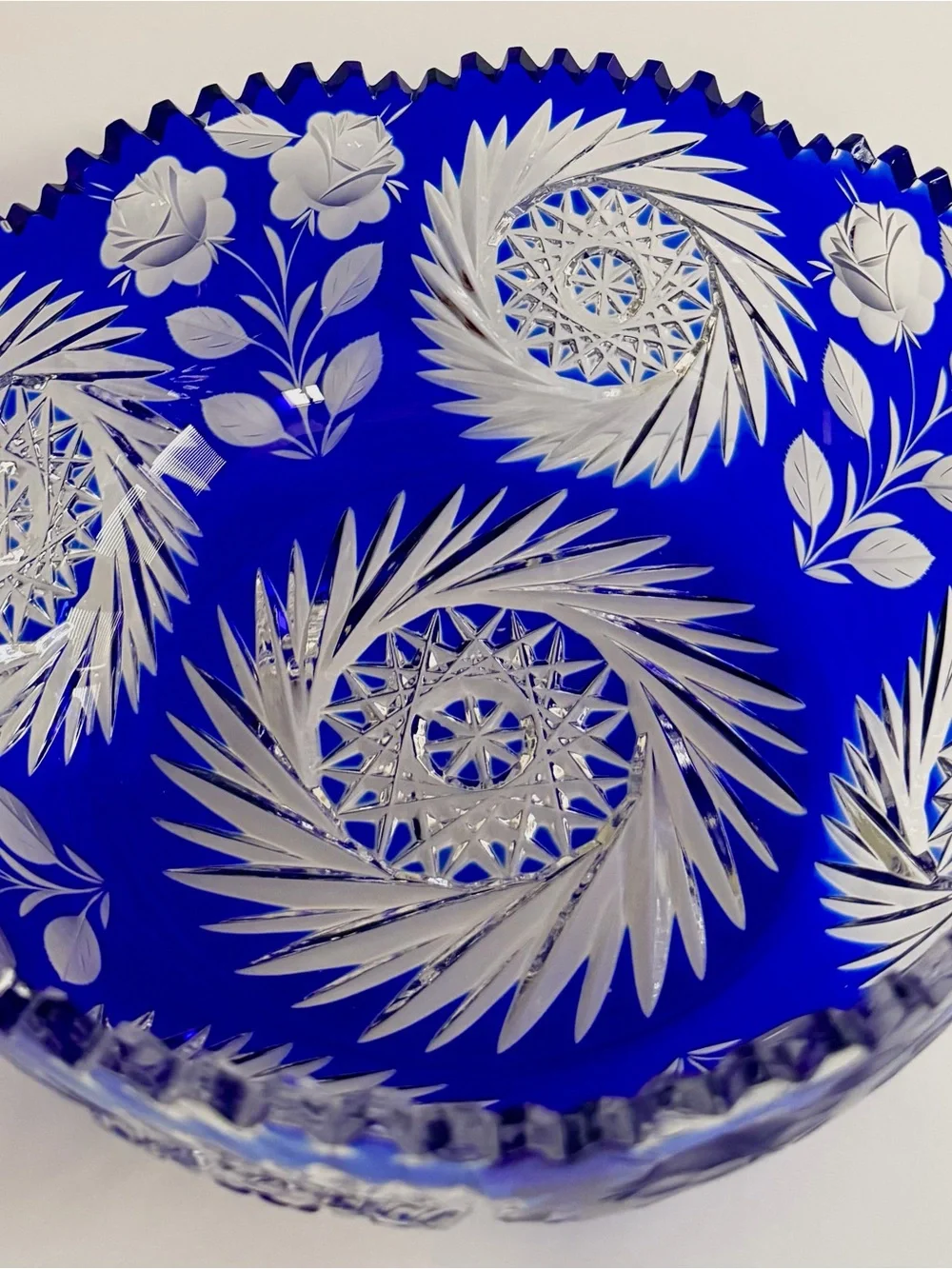 Bohemian Blue Cobalt Cut to Clear Sawtooth Crystal Bowl w/ Floral Pattern 9”